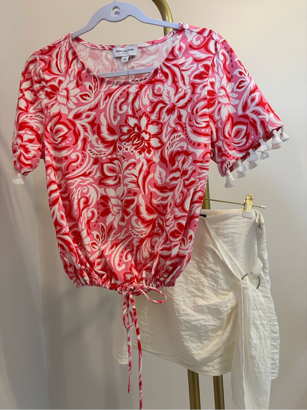 Marc New York Pink & White Floral Tassel Sleeve Top with an off white skirt
